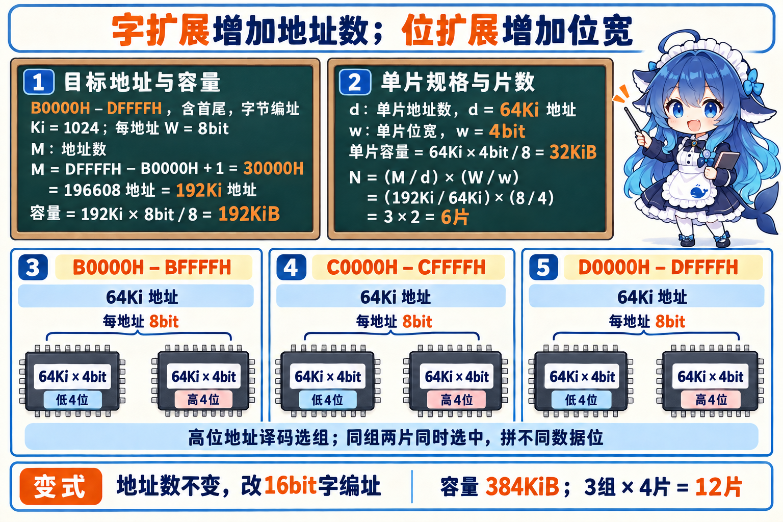 三组地址范围分别用两片4bit芯片拼成8bit,总六片
