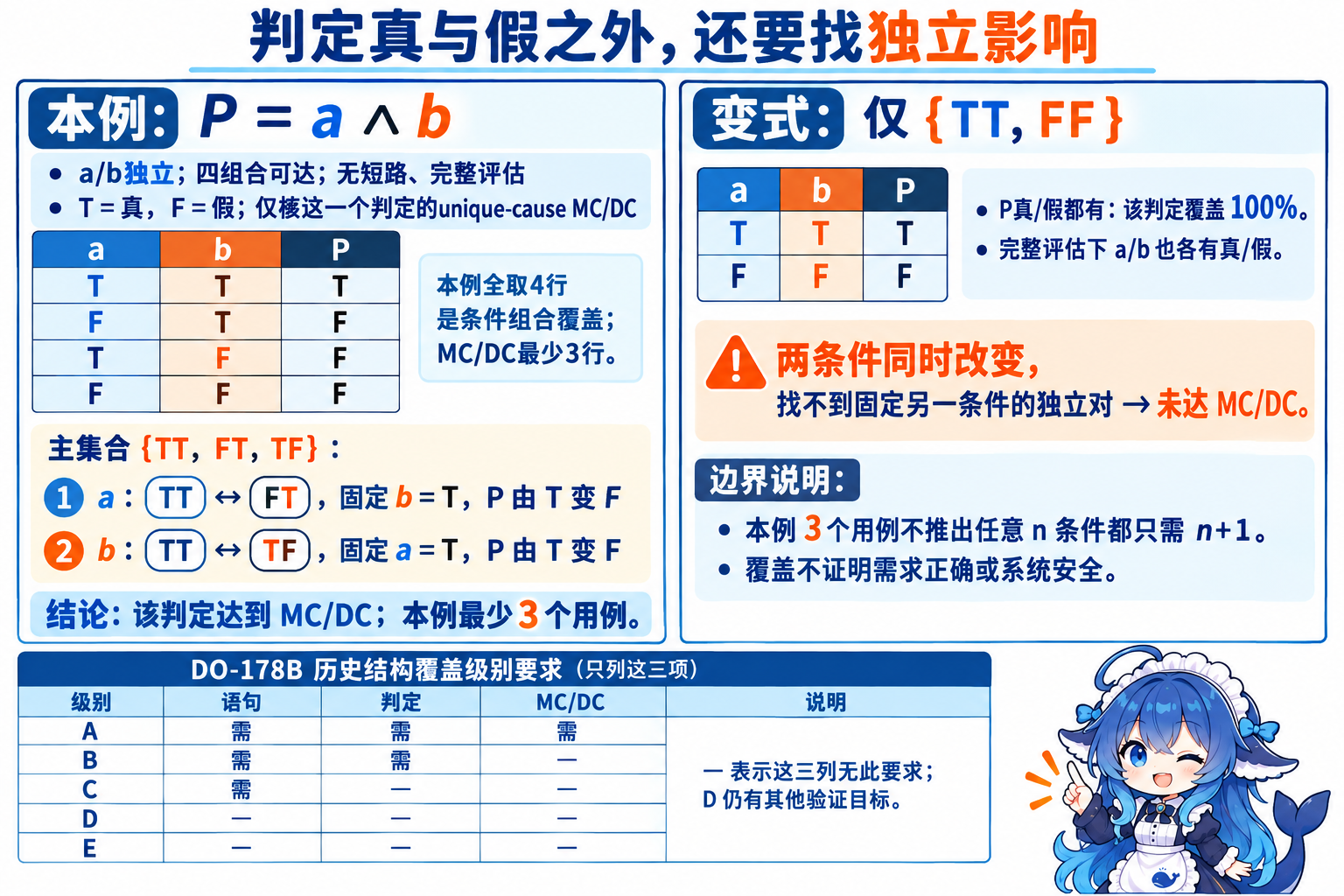 AND真值、两组独立影响对与TT/FF反例,以及结构覆盖的历史级别表