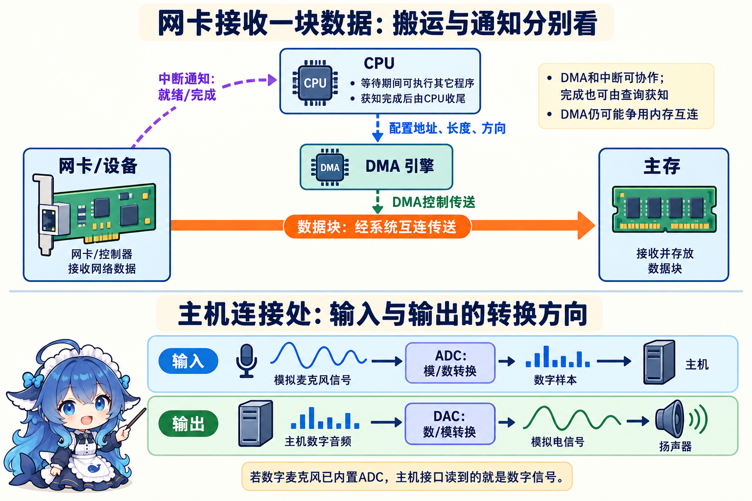 DMA数据搬运与中断通知可同时工作,模拟输入和输出有相反转换方向