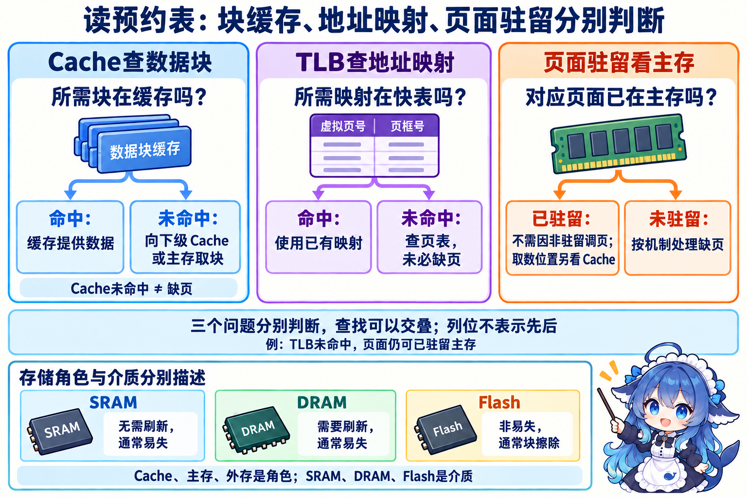 Cache命中、TLB命中和页面驻留分别回答数据、映射和主存状态问题