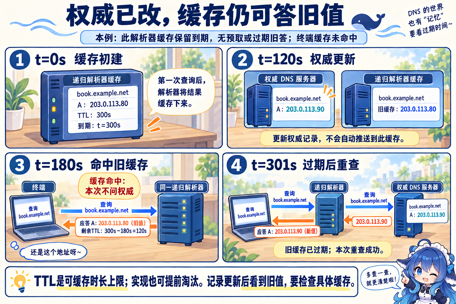 权威更新与缓存保留在四个时刻的状态