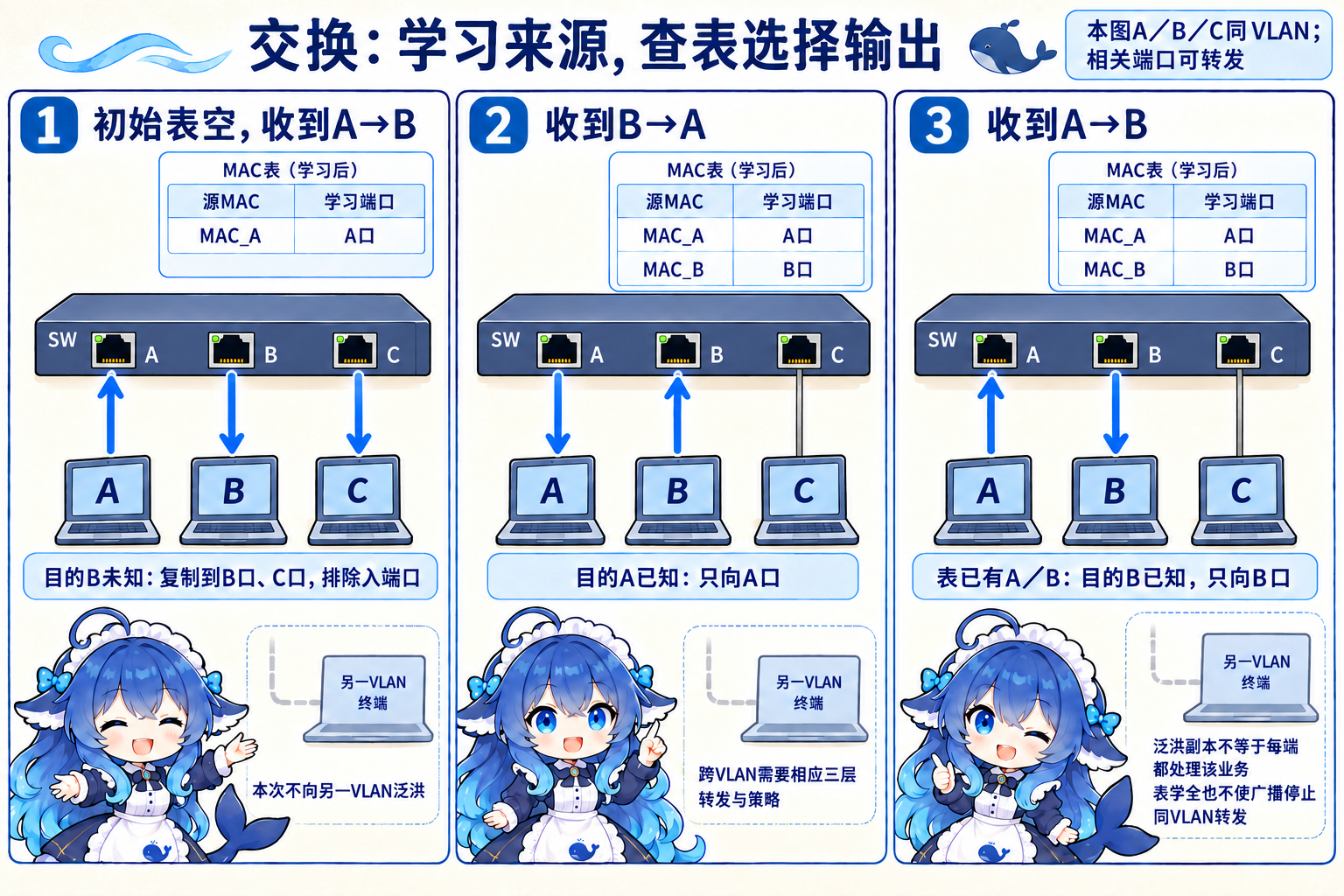 同VLAN未知单播、学习回复、已知单播与跨VLAN
