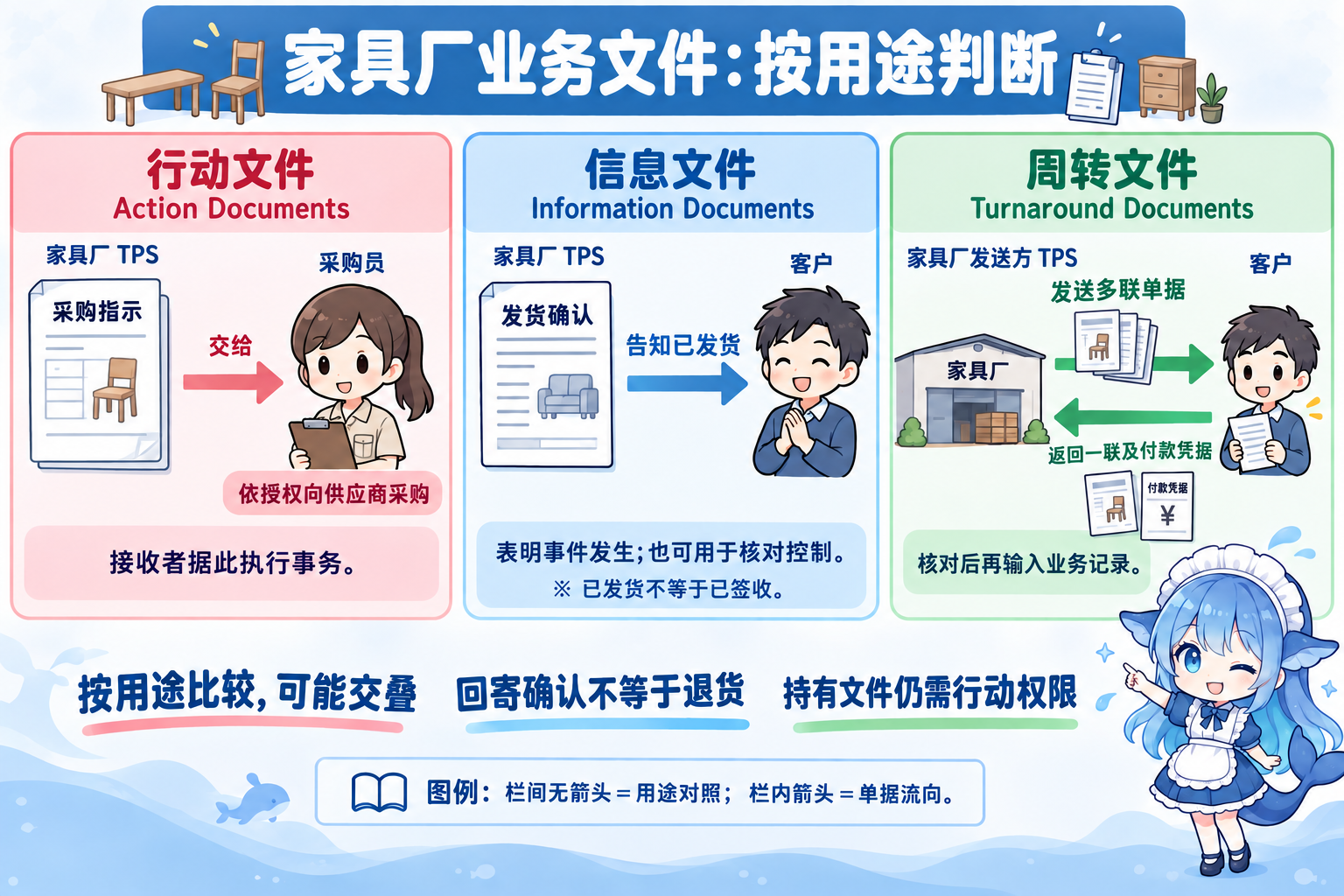 行动文件交采购员执行,信息文件告知客户已发货,周转文件从同一厂发客户再回厂核对输入;用途可以交叠