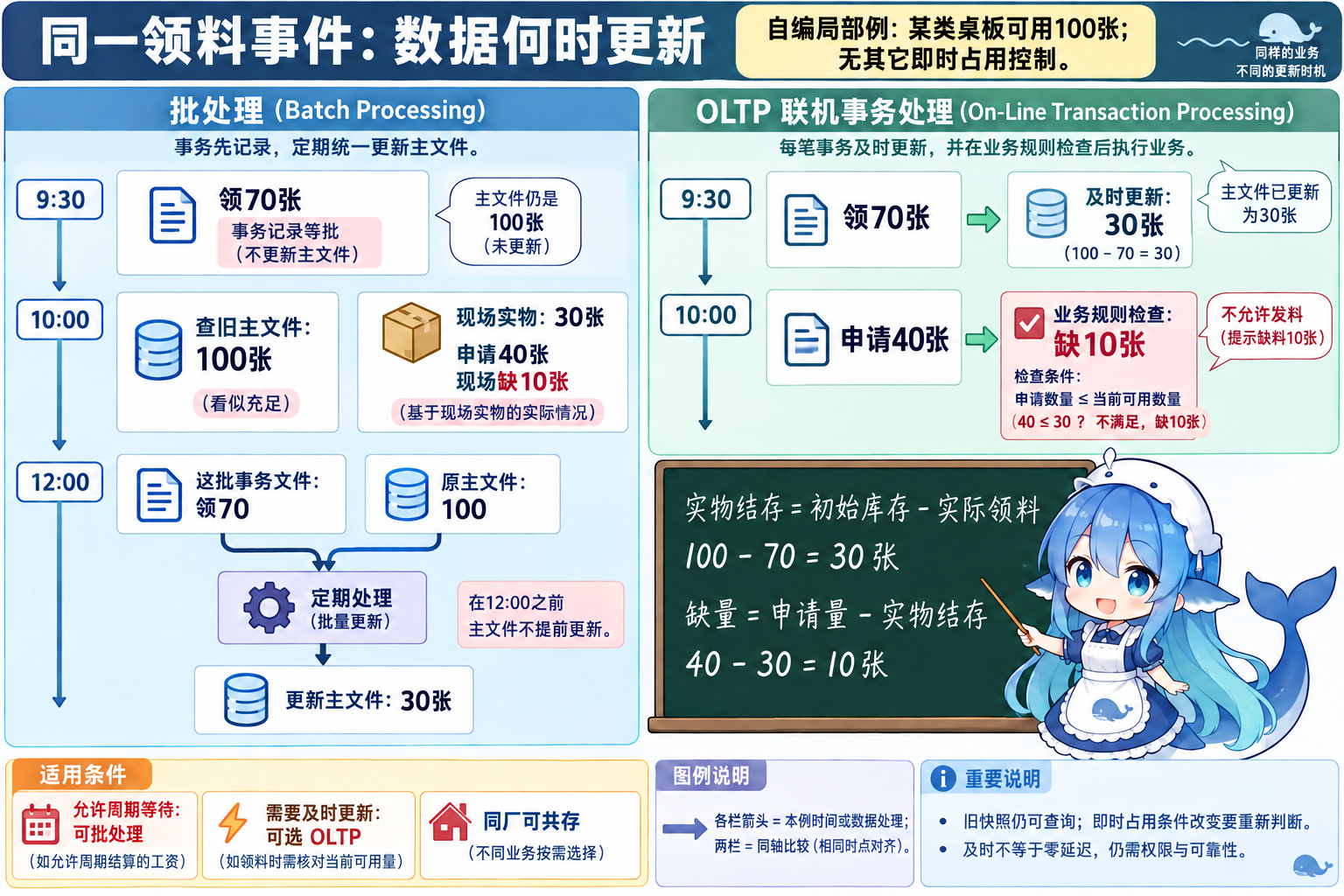 9点半领70后实物30,批处理10点旧主文件100而12点双输入后更新30,OLTP及时更新后对40张申请按规则提示缺10