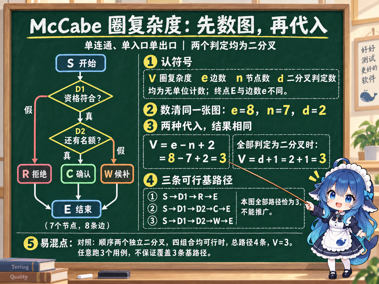 鲸鱼娘小黑板:同一控制流图的计数、两种代入与三条基路径