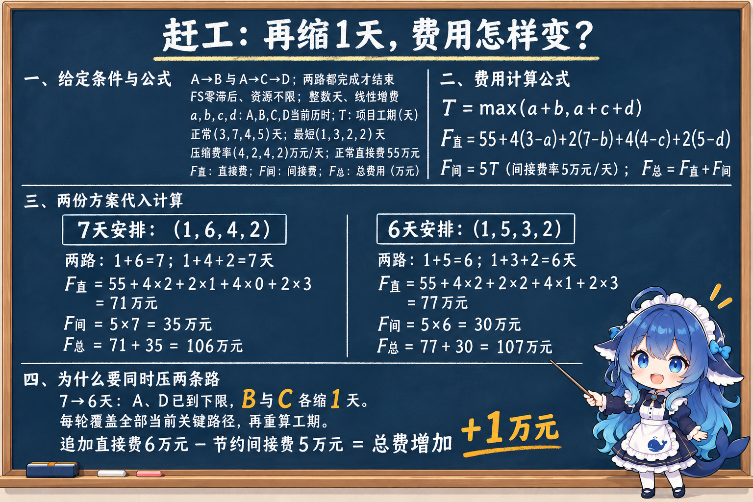 鲸鱼娘小黑板:7天与6天安排的直接费、间接费和总费