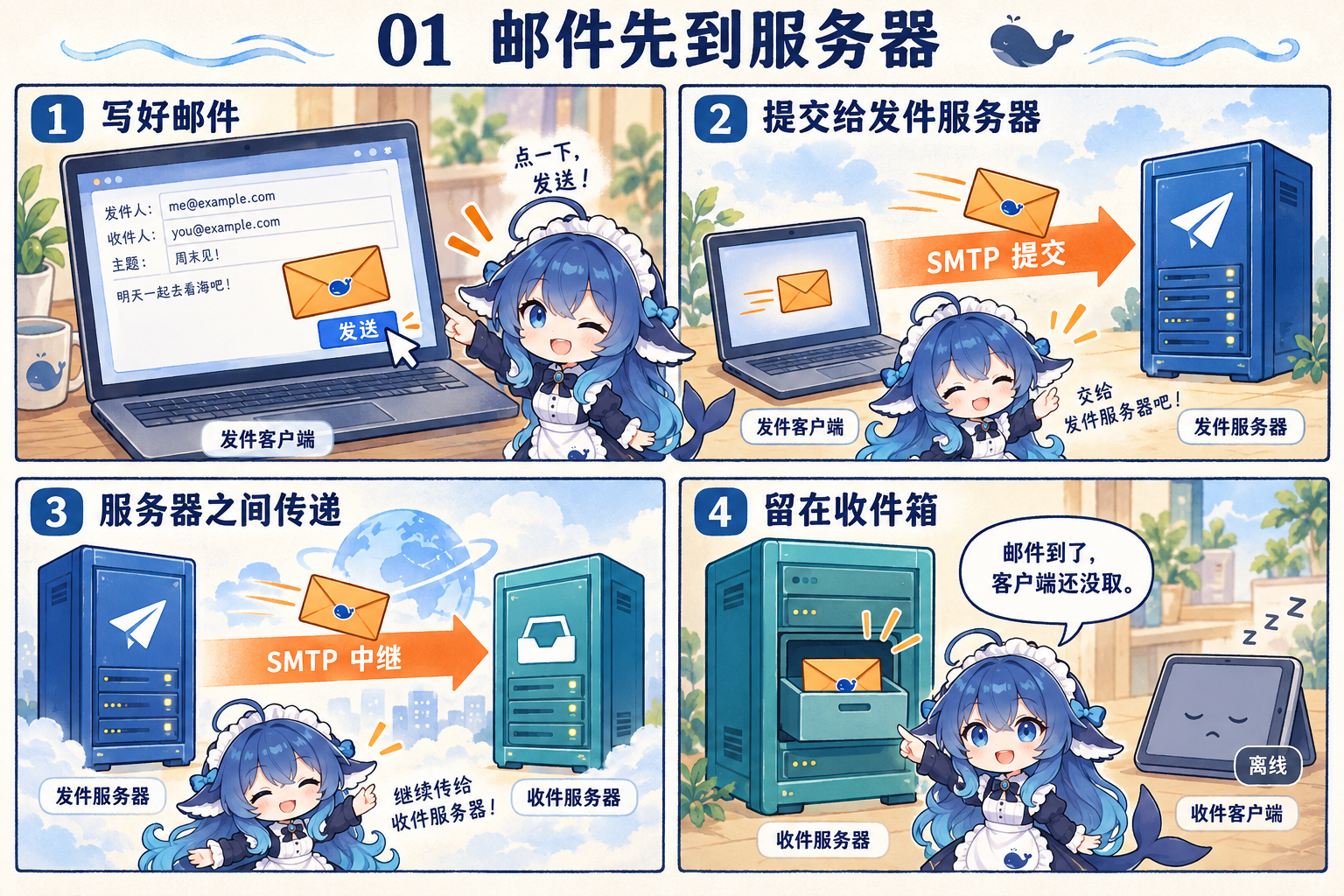 SMTP 提交和服务器间中继：邮件先到收件服务器，平板尚未联网