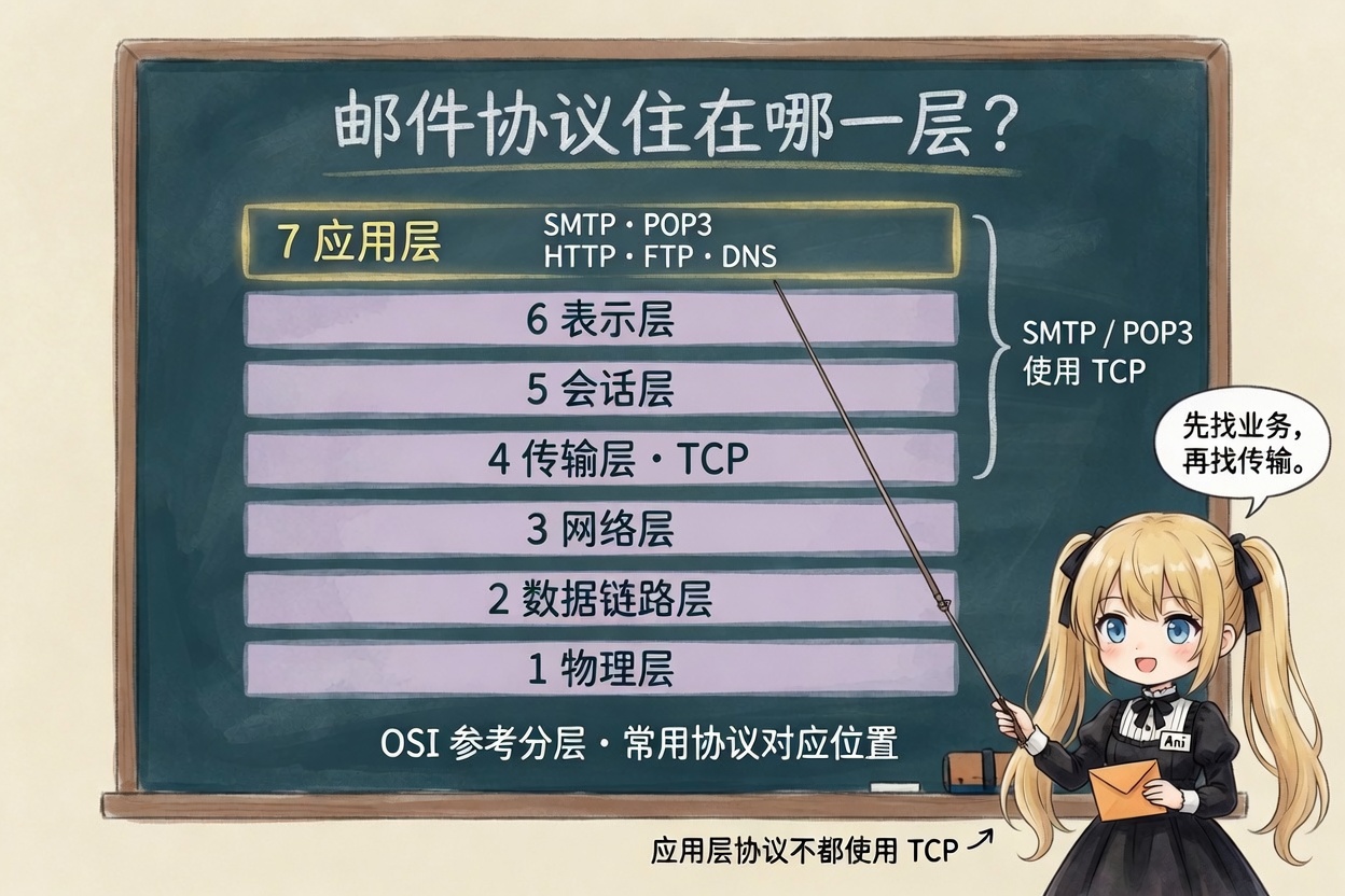 Ani 的 OSI 七层黑板：SMTP、POP3、HTTP、FTP、DNS 在应用层，TCP 在第四层传输层