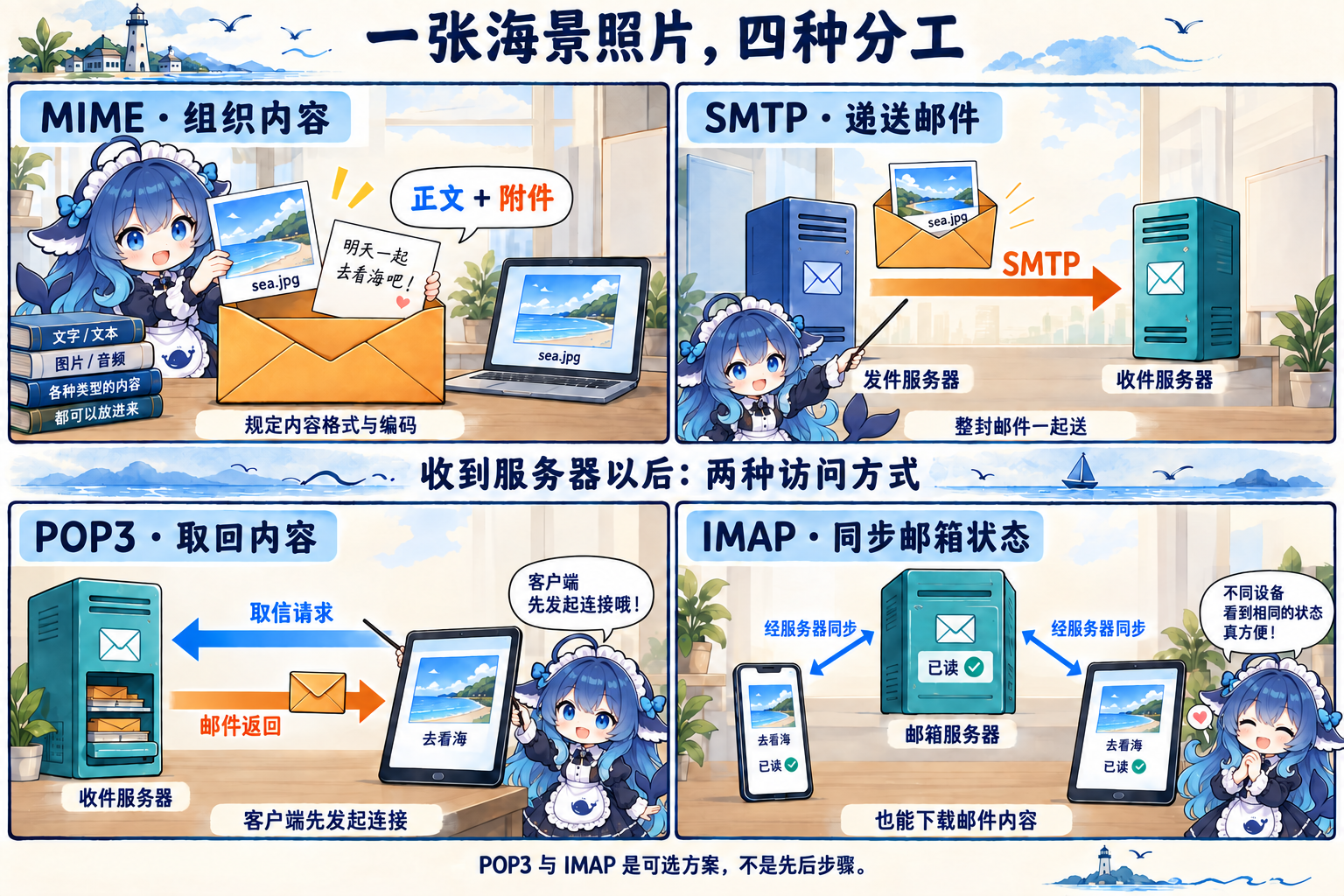鲸鱼娘讲解海景照片邮件：MIME 组织内容，SMTP 递送；下方 POP3 取回与 IMAP 同步邮箱状态为两种并列访问方案